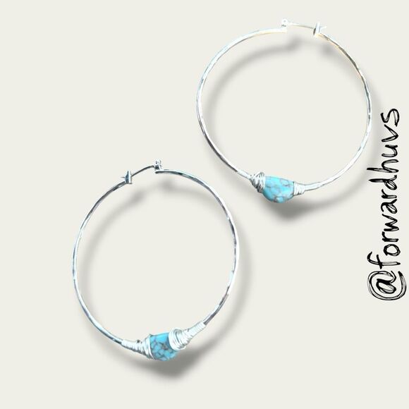 Bundle Sale 3 for $15 | Silver-Tone Hoop Earrings with Wire-Wrapped Turquoise Be - Picture 1 of 6